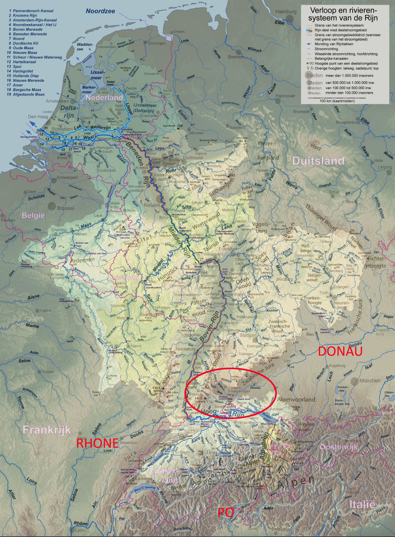Het stroomgebied van de Rijn, met in de rode cirkel het gebied waar ik in het bericht op in ga.