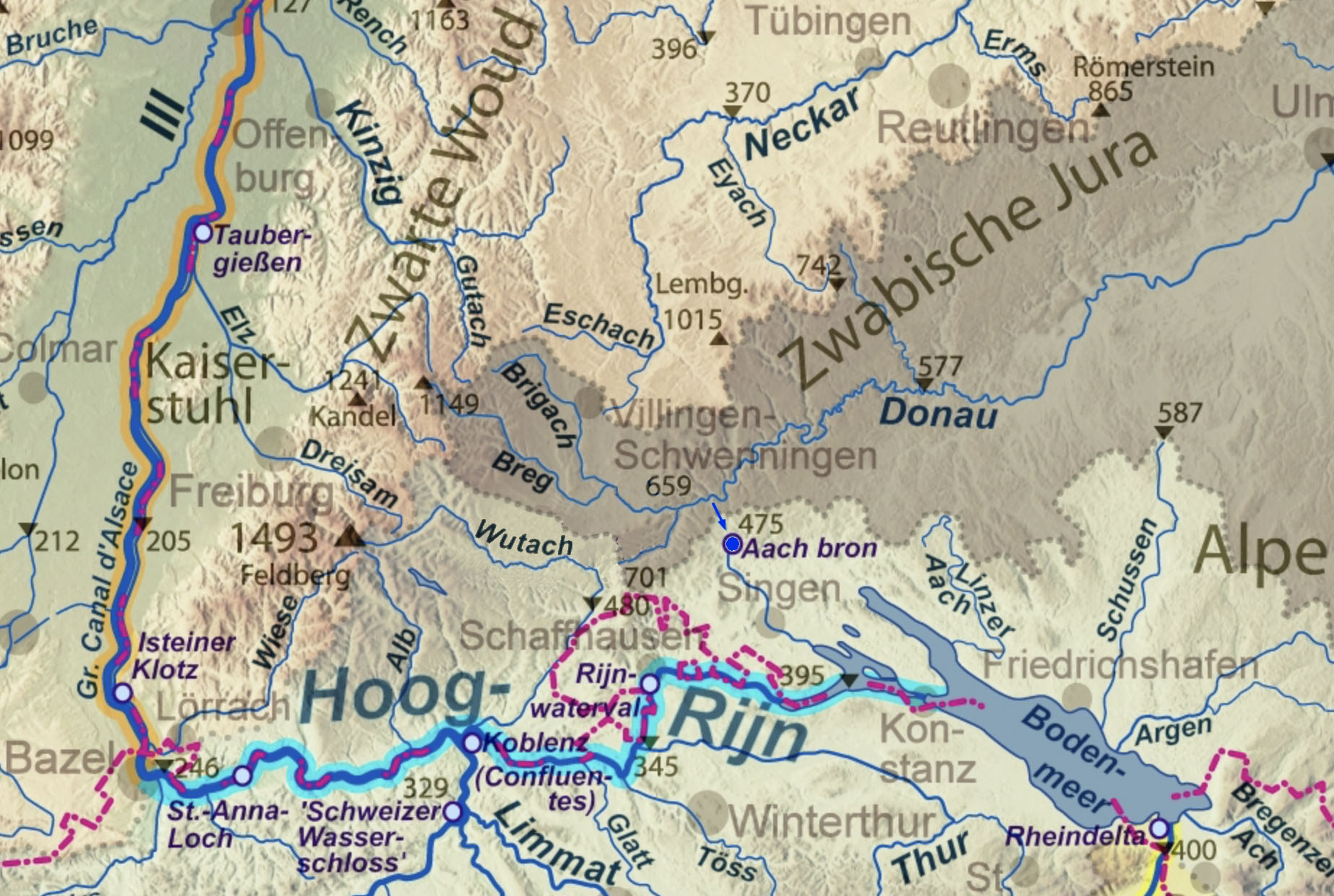 Het grensgebied tussen Rijn en Donau in het zuiden van Duitsland wat meer in detail.