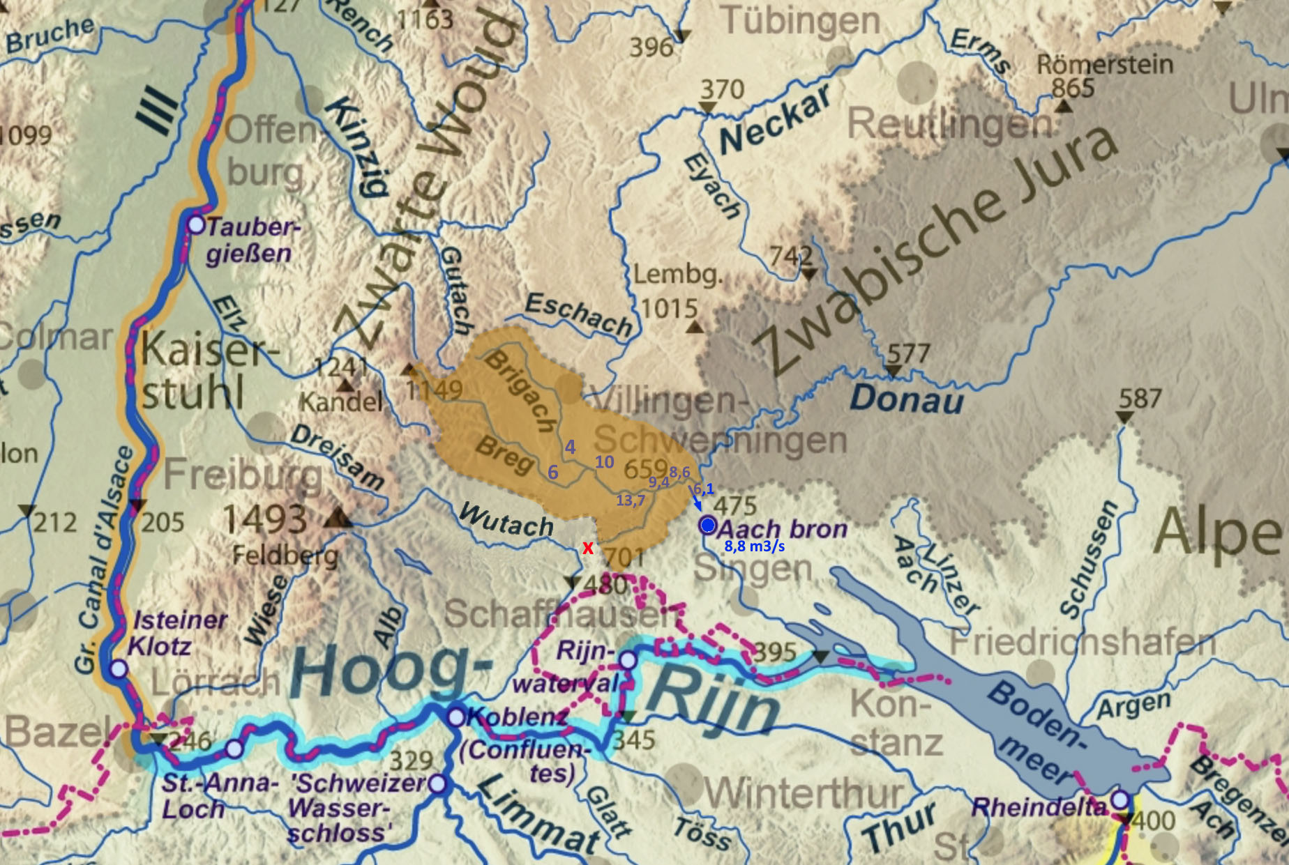 Deel van het stroomgebied van de Donau dat gemiddeld over het jaar al meer water aan de Rijn levert dan aan de Donau.