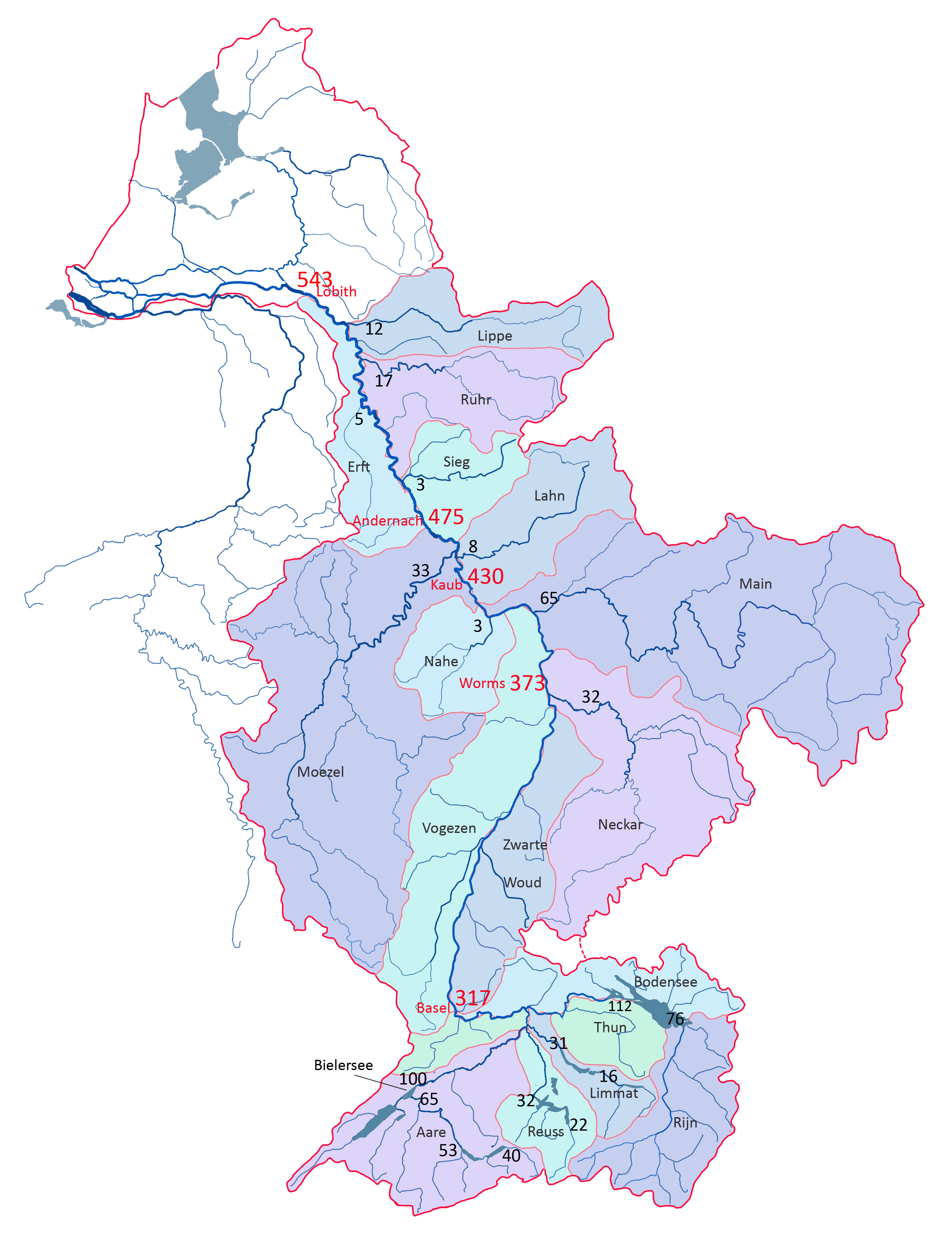 Bijdrage van de verschillende deelstroomgebieden van de Rijn aan de Rijnafvoer (in m3/s) bij Lobith tijdens de tweede laagwaterperiode van eind september Bijdrage van de verschillende deelstroomgebieden van de Rijn aan de Rijnafvoer (in m3/s) bij Lobith tijdens de tweede laagwaterperiode van eind september