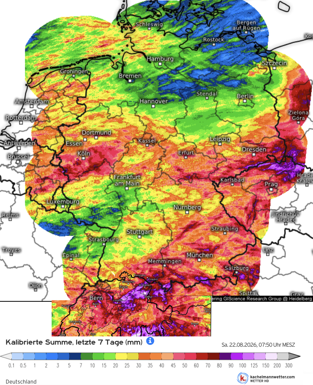 Neerslaghoeveelheden afgelopen week in Duitsland, Zwitserlland, het oosten van Nederland, België en Frankrijk. (bron: Kachelmannwetter.com)
