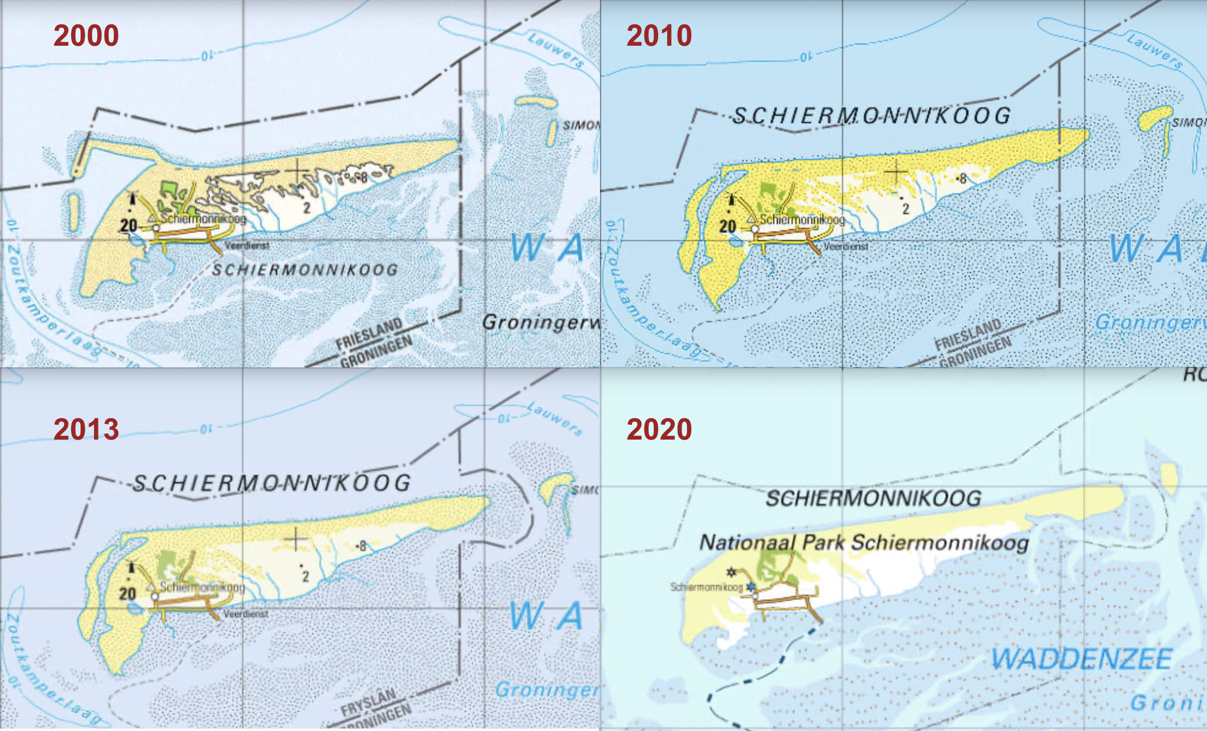 Topografische kaart van Schiermonnikoog met de ligging van de aangepaste grens tussen Friesland en Groningen aan de oostkant van het eiland  op 4 momenten