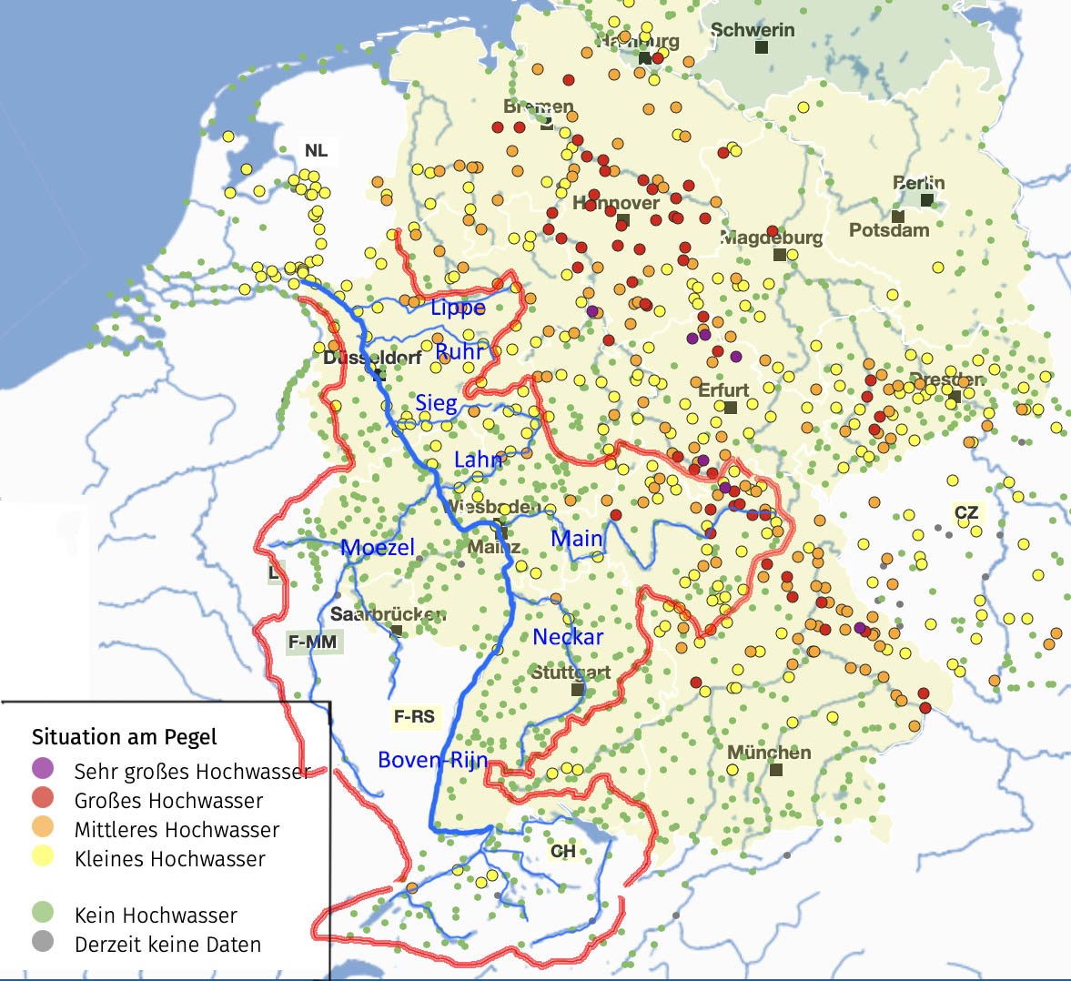 Actuele situatie in alle Duitse rivieren