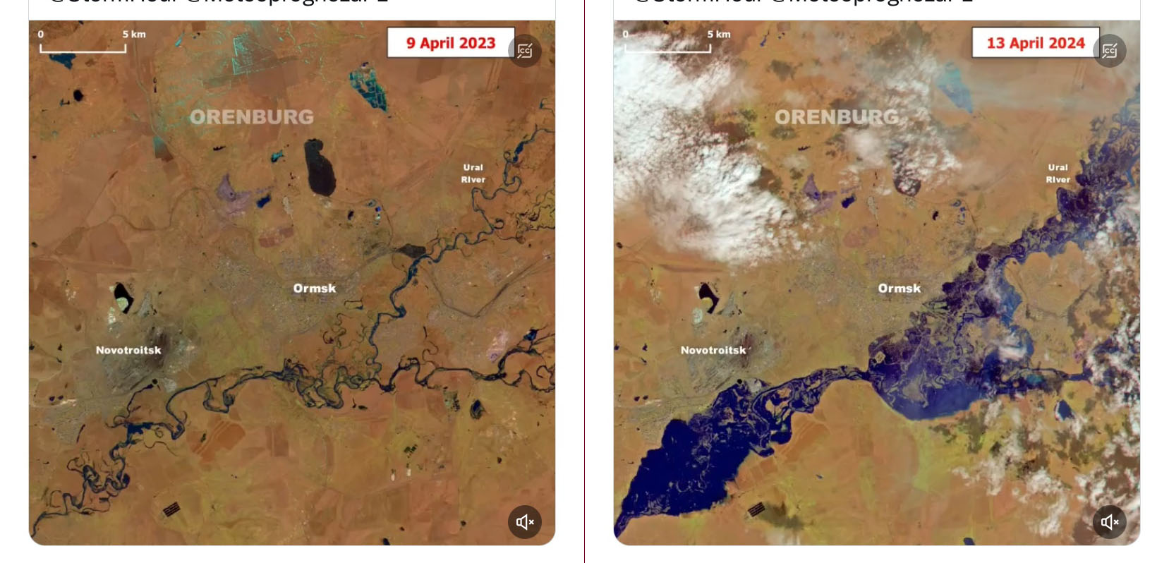 De Oeral bij lagere afvoeren (links) en bij het uitzonderlijke hoogwater (rechts)  (bron Sentinel-2)