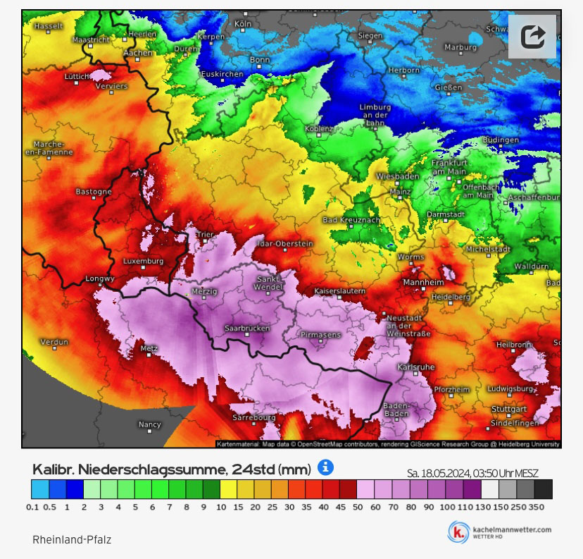 Neerslagkaart van het gebied waar gisteren de meeste regen viel.