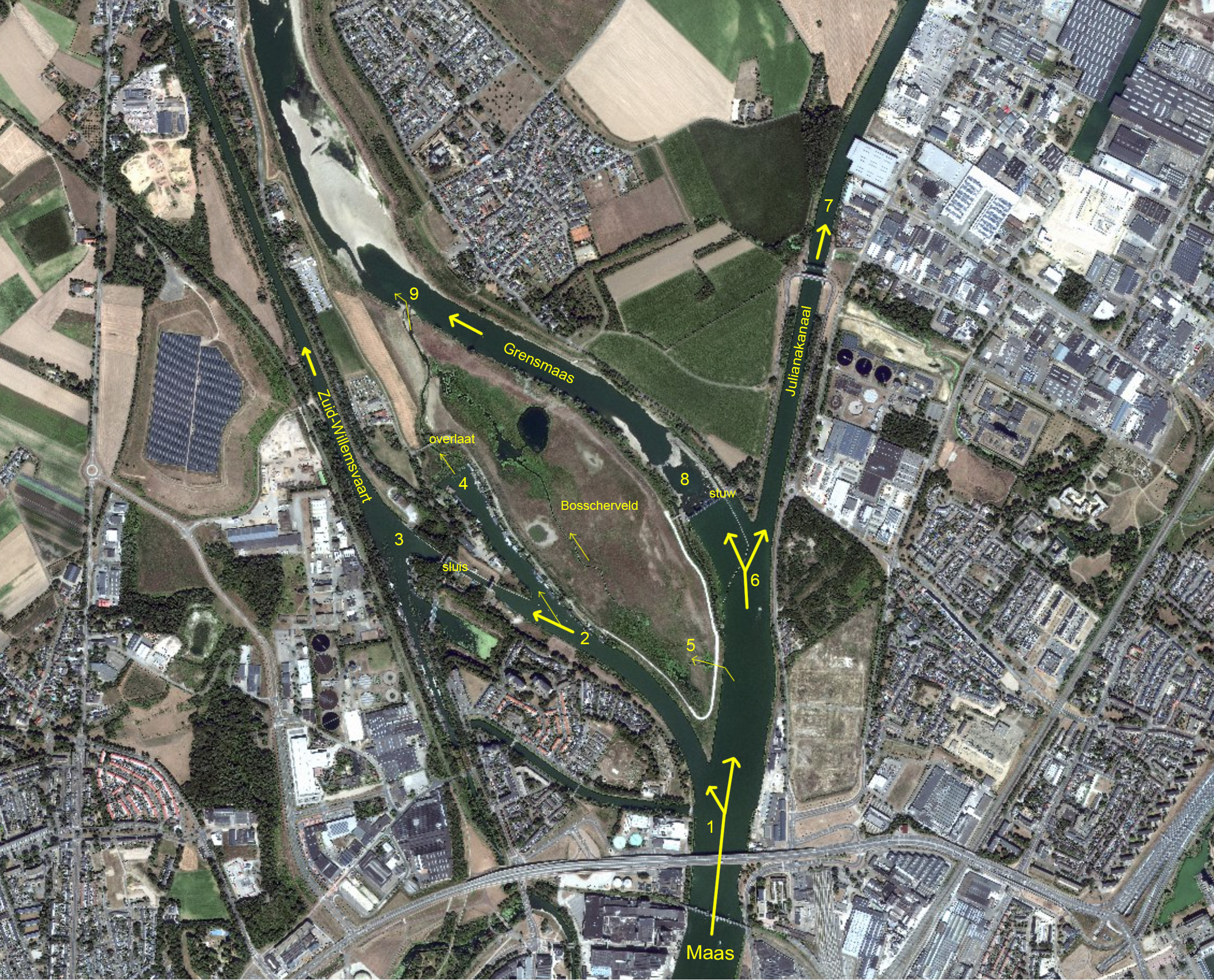 Satellietbeeld van de kanalen waarlangs het Maaswater bij Maastricht wordt verdeeld.