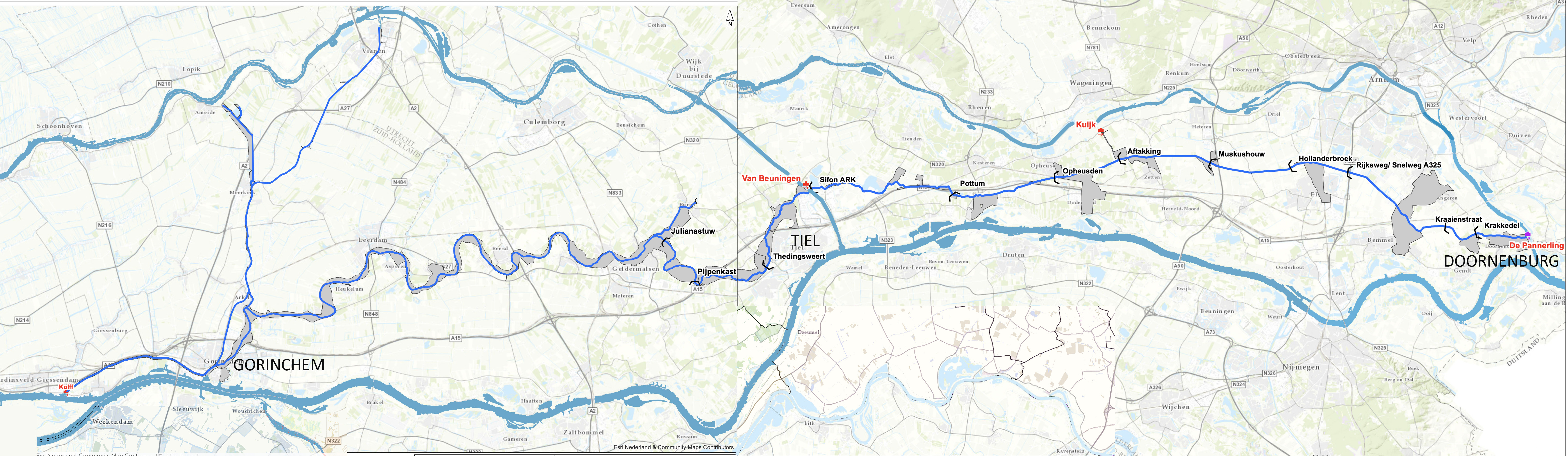Stroomgebied Linge. Dit is het hele gebied dat ingeklemd ligt tussen de Neder-Rijn/Lek in het noorden en de Waal in het zuiden. De gemalen waar water uitgelaten kan worden (en in de zomer ingelaten) zijn met rood aangegeven (bron Waterschap Rivierenland)