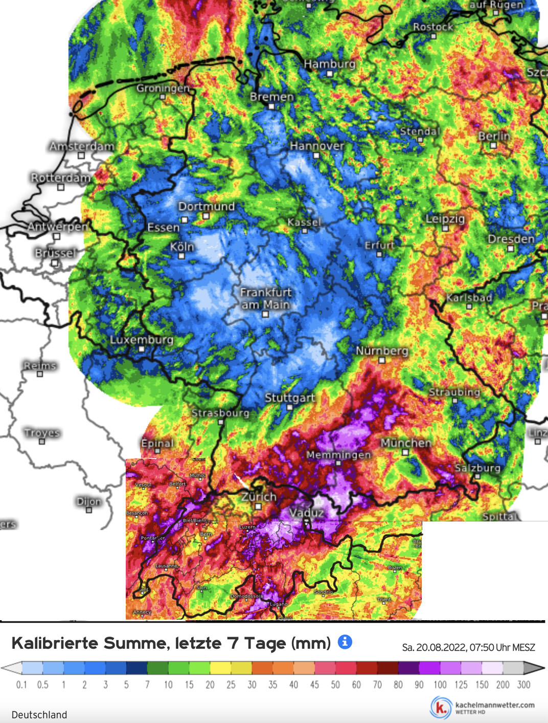 Neerslaghoeveelheden van de afgelopen week in Duitsland en Zwitserlande en aangrenzende gebieden (bron Kachelmannwetter.com)