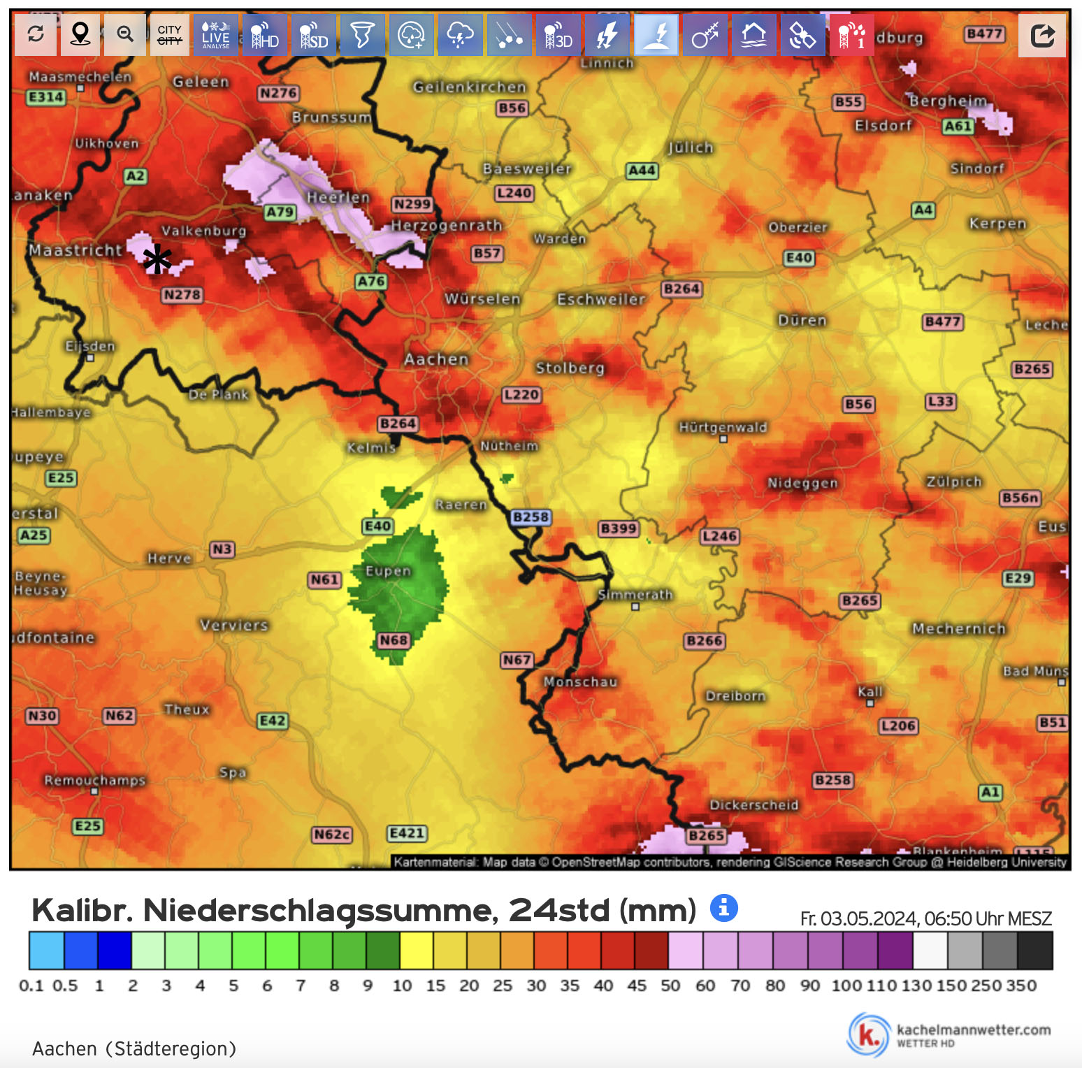 Neerslaghoeveelheden van de buien op 2 mei in Zuid Limburg en de regio's daraomheen (bron: Kachelmannwetter.com)