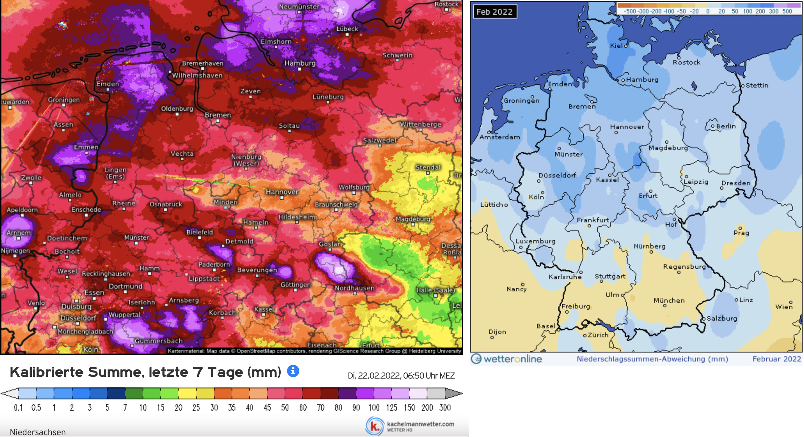 Links: neerslaghoeveelheden in de week van 16 t/m 22 februari (bron: Kachelmannwetter.com). Rechts: de neerslagafwijkingen voor de maand februari (bron: Wetteronline.de)
