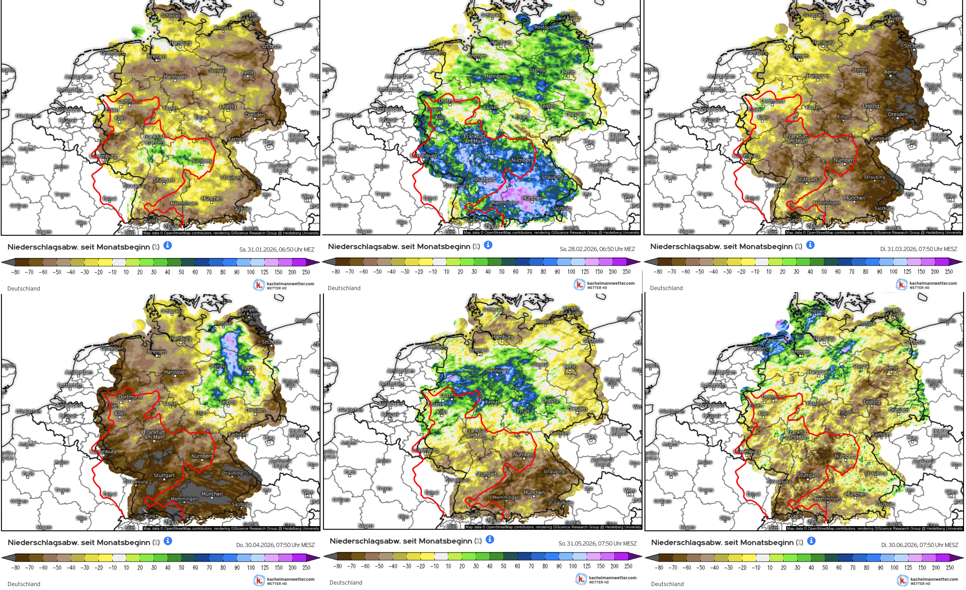 Neerslaghoeveelheden in Duitsland (afwijking van het langjarig gemiddelde) over de afgelopen 6 maandern Neerslaghoeveelheden in Duitsland (afwijking van het langjarig gemiddelde) over de afgelopen 6 maandern