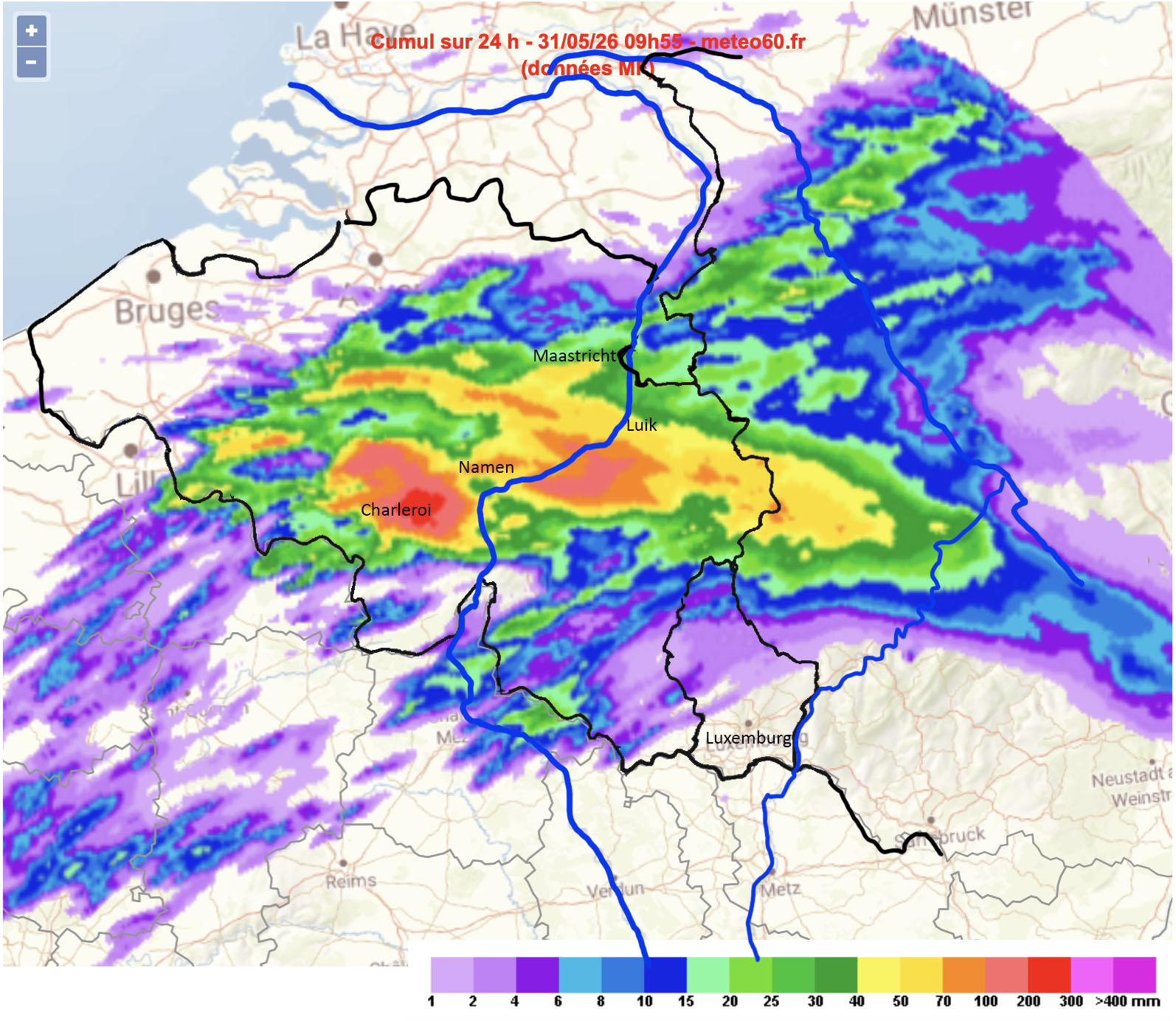 Neerslaghoeveelheden boven België door de zeer zware buien vanaf de middag van 30/5 tm de ochtend van 31/5 (bron meteo60.fr)