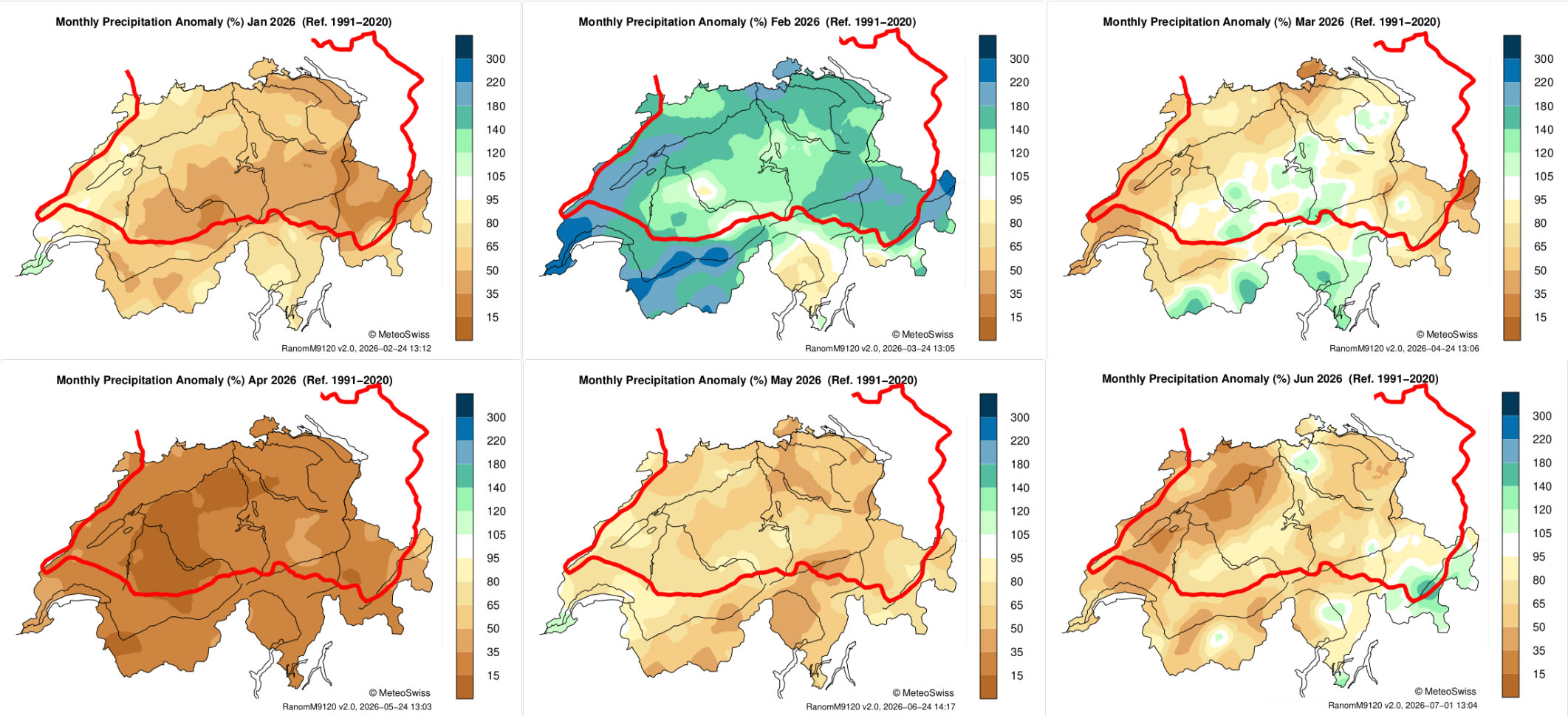 Neerslaghoeveelheden in Zwitserland (Percentage van het langjarig gemiddelde) over de afgelopen 6 maandern Neerslaghoeveelheden in Zwitserland (Percentage van het langjarig gemiddelde) over de afgelopen 6 maandern