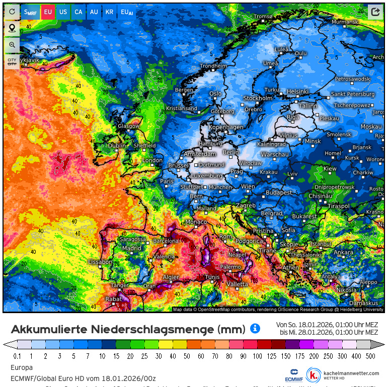 Verwachte neerslag in Europa in de komende 10 dagen (bron kachelmannwetter.com).