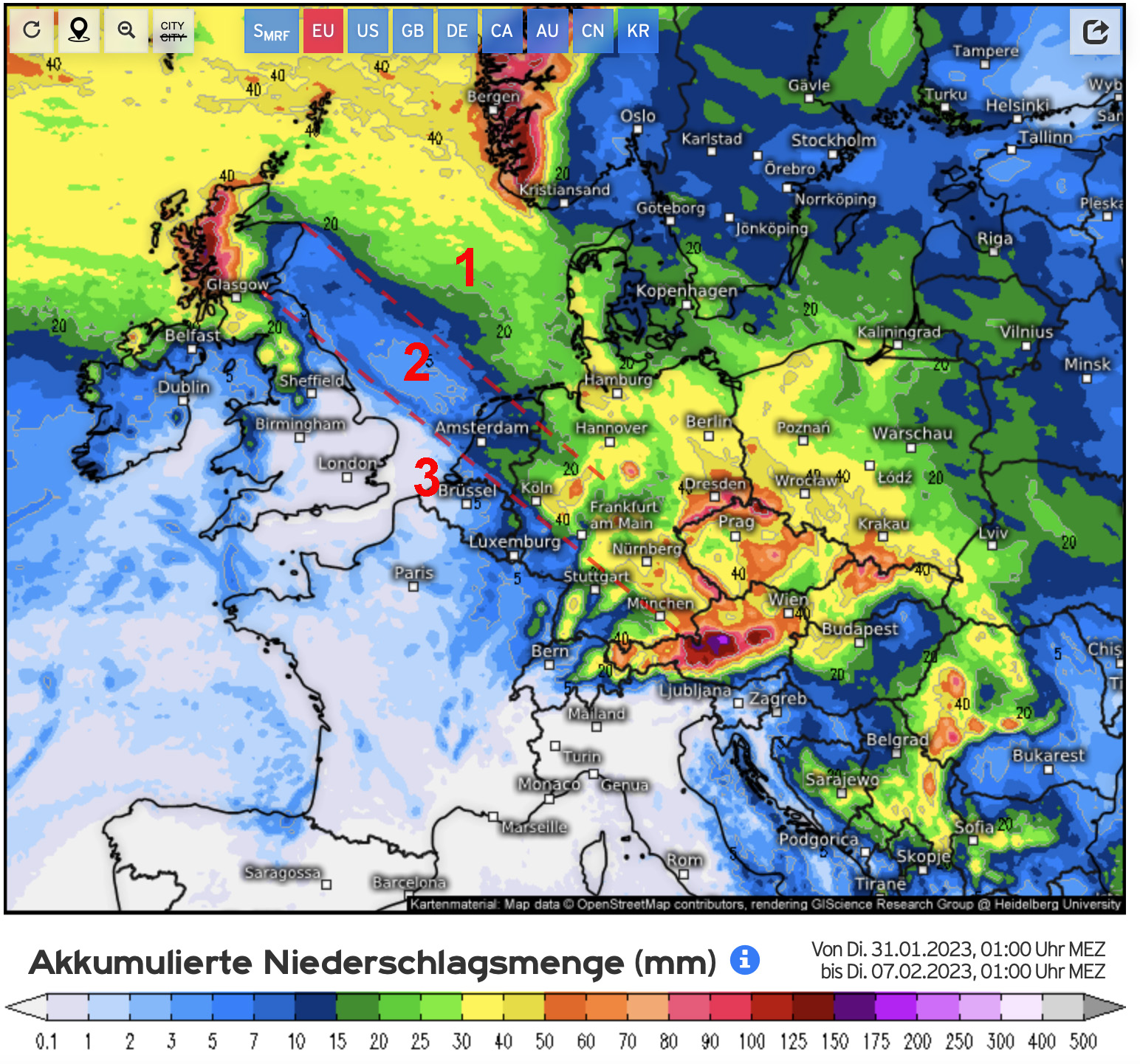 Neerslaghoeveelheden zoals die in het begin van de vorige week werden verwacht, waar de opvallende grens ook in zichtbaar is. (bron: Kachelmannwetter.com). Neerslaghoeveelheden zoals die in het begin van de vorige week werden verwacht, waar de opvallende grens ook in zichtbaar is. (bron: Kachelmannwetter.com).