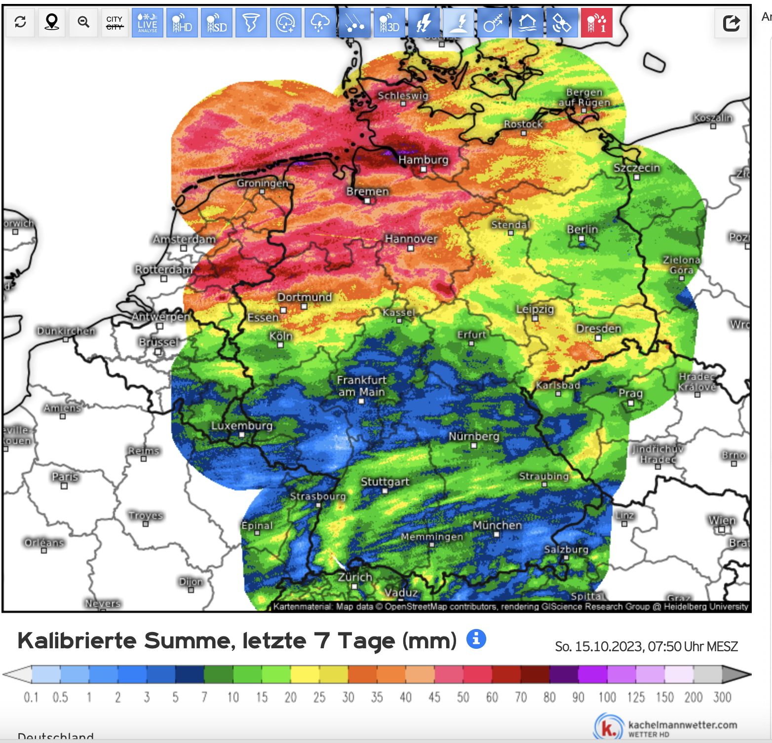 Neerslaghoeveelheden gedurende de afgelopen week in het stroomgebied van de Rijn en de Maas (bron Kachelmannwetter.com)