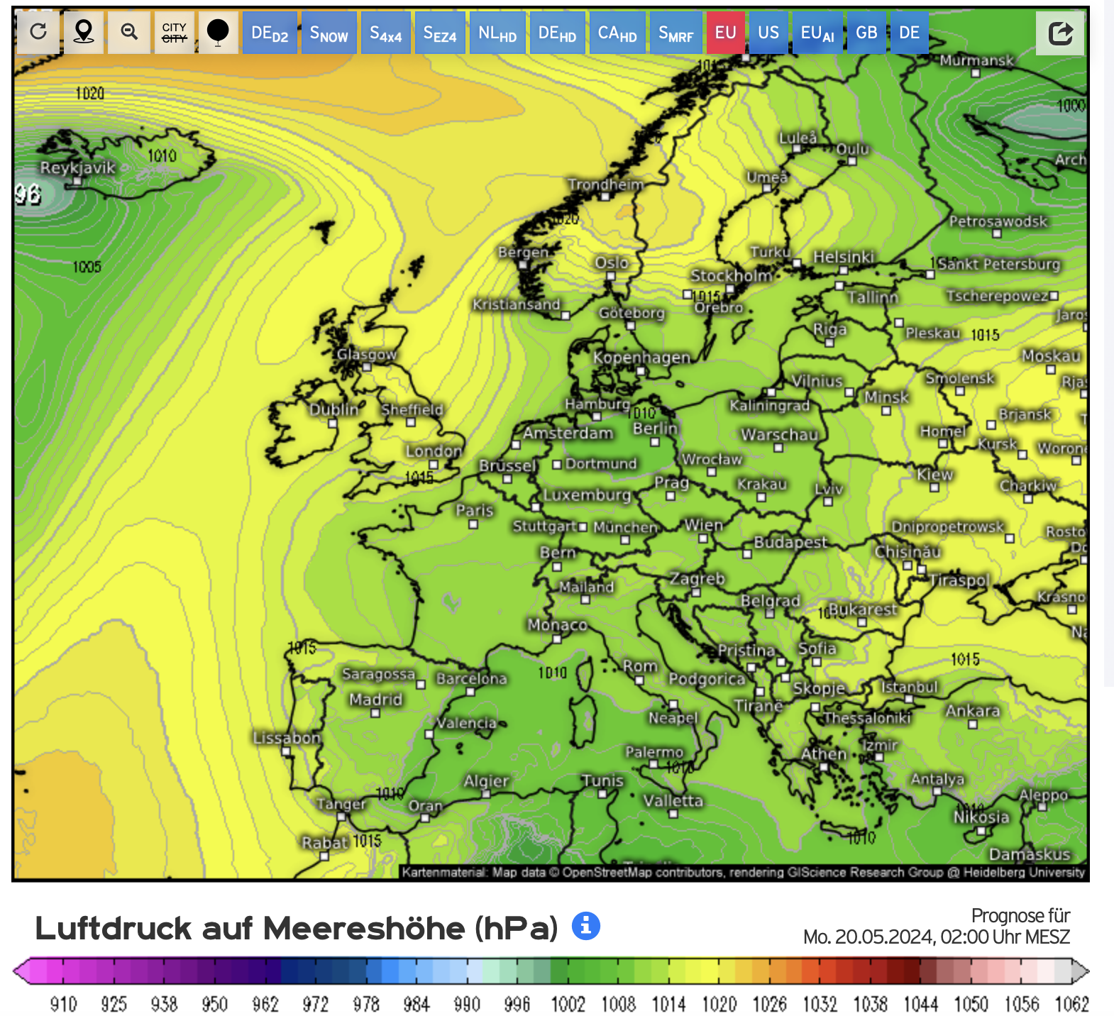 Weerkaart met de luchtdrukverdeling voor maandag met een weinig opvallend lagedrukgebied boven centraal Europa; maar wel met grote invloed op het weer.