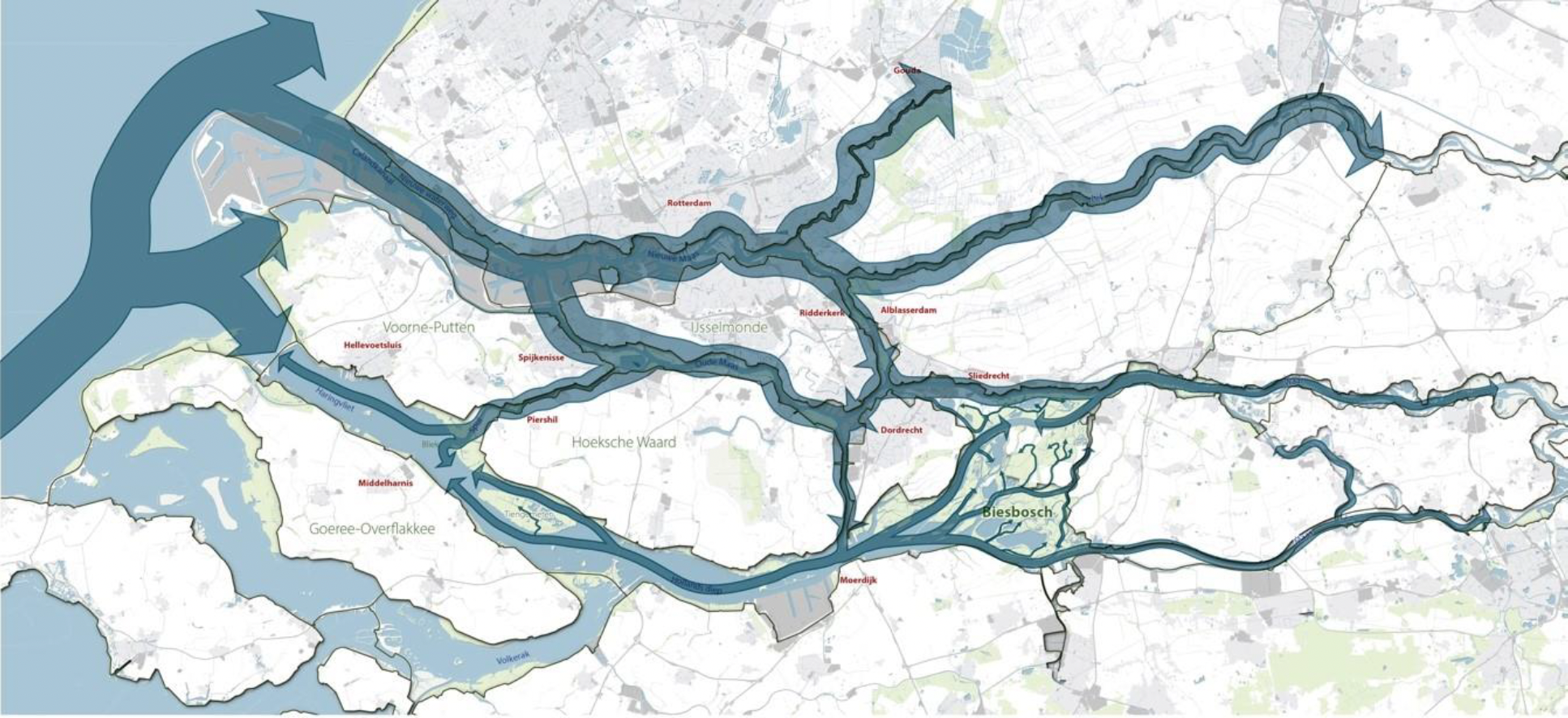 De getijgolf beweegt langs de kust en dringt via de Nwe Waterweg het Benedenrivierengebied binnen, waar hij zich vertakt en tot ver stroomopwaarts merkbaar is. De dikte van de peilen geeft getijdenslag weer en de verandertingen in waterstanden.