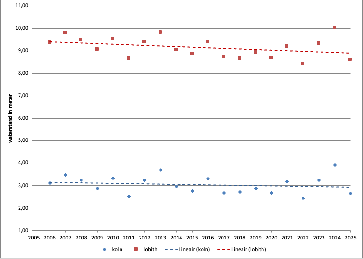 Gemiddelde waterstand bij Lobith (in NAP) en Keulen (lokale meetschaal) over de afgelopen 20 jaar met trendlijnen. 