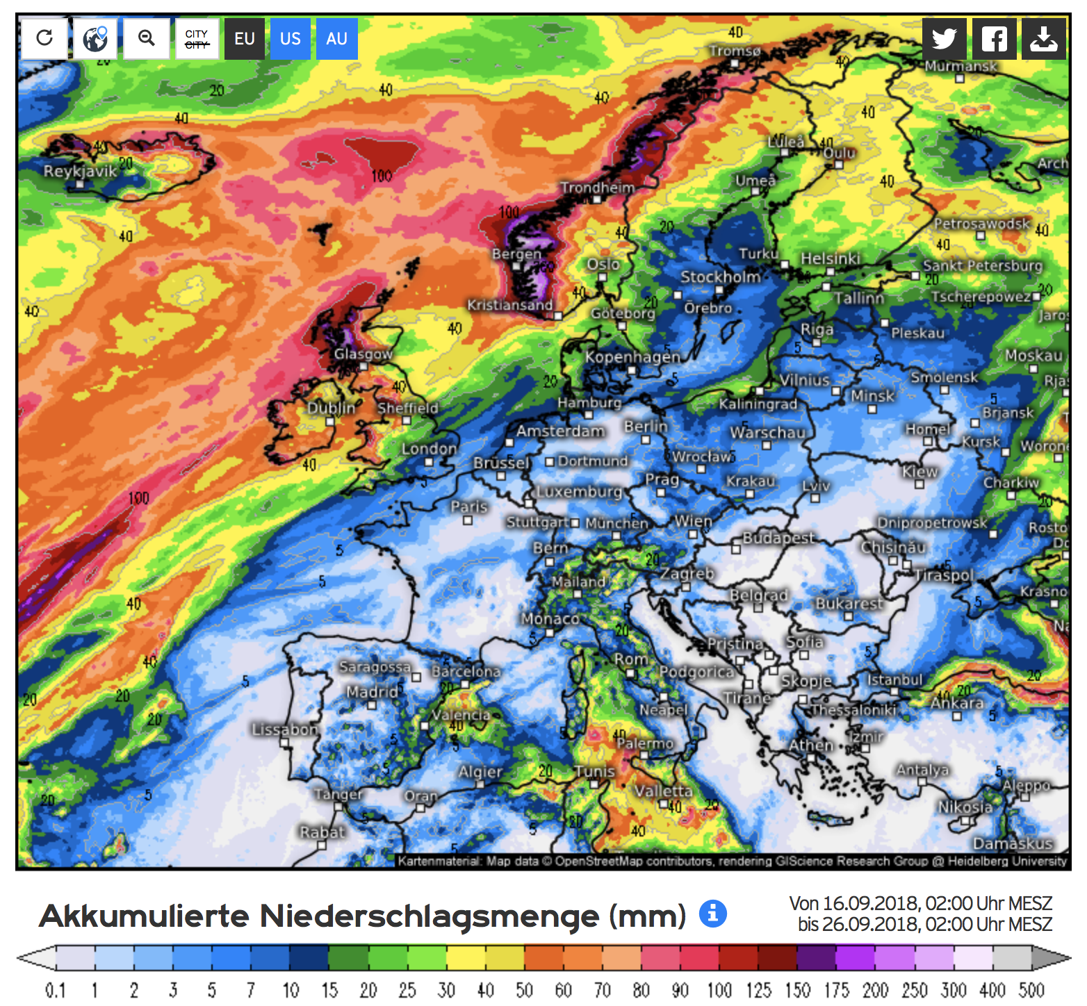 Neerslagverdeling Europa komende 10 dagen volgens het ECMWF model (bron Kachelmannwetter.com)