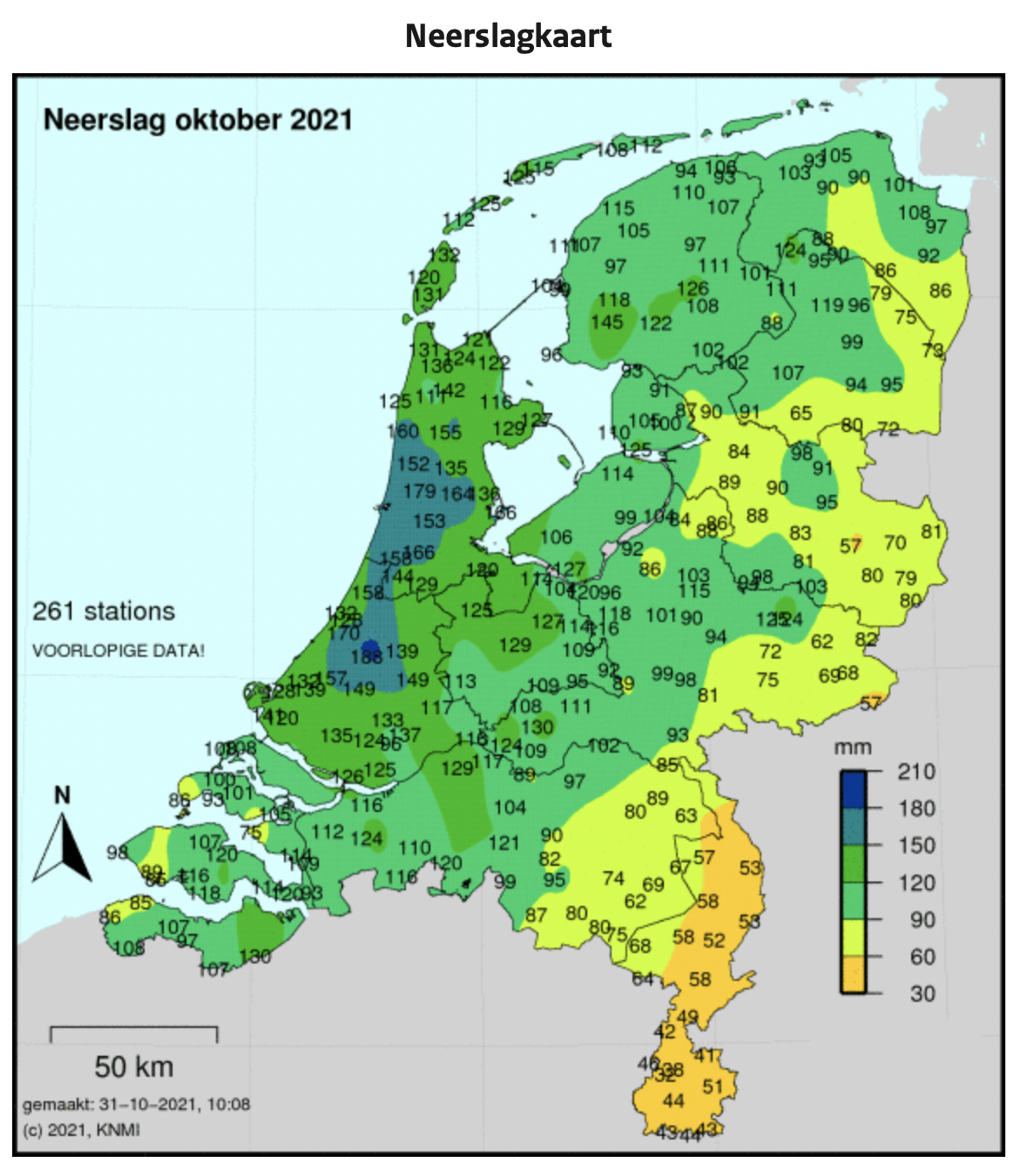 Neerslaghoeveelheden oktober in Nederland