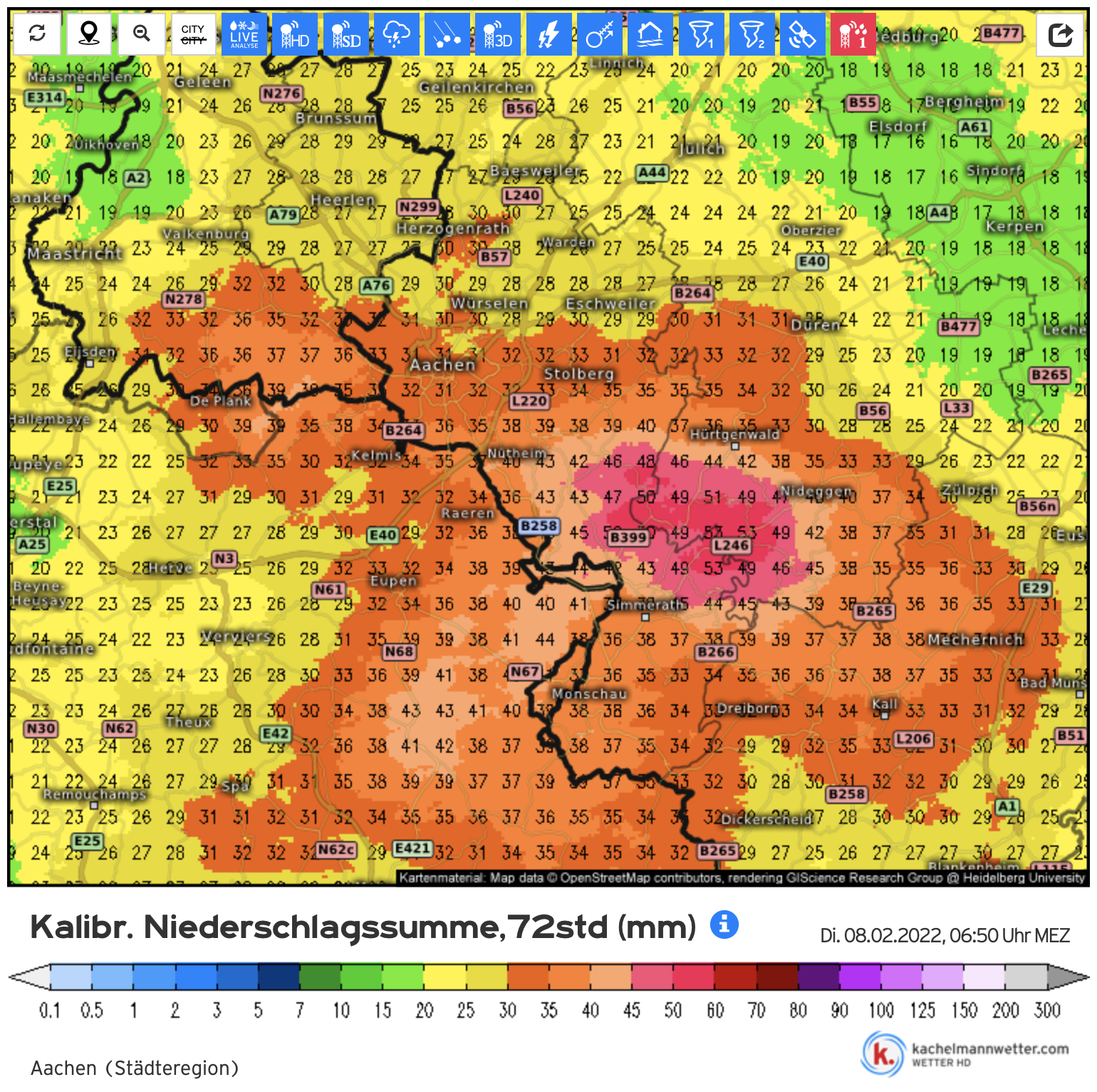Neerslagkaart Limburg en aangrenzende gebieden van België en Duitsland  voor de periode rond de neerslagevent van 6 febrauri.