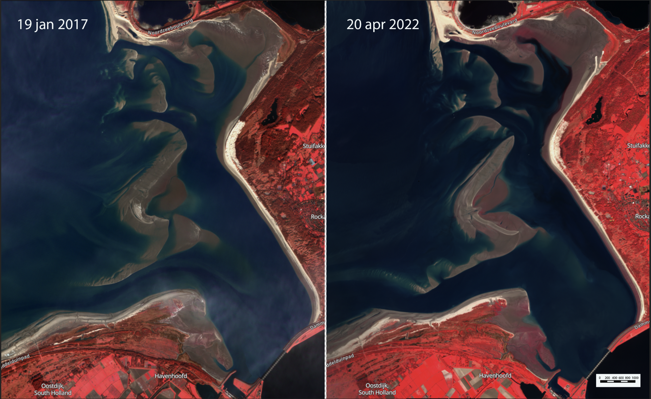 Satellietbeeld (infrarood) van de Voordelta voor de kust van Voorne. Links de situatie in 2016, rechts in 2022.