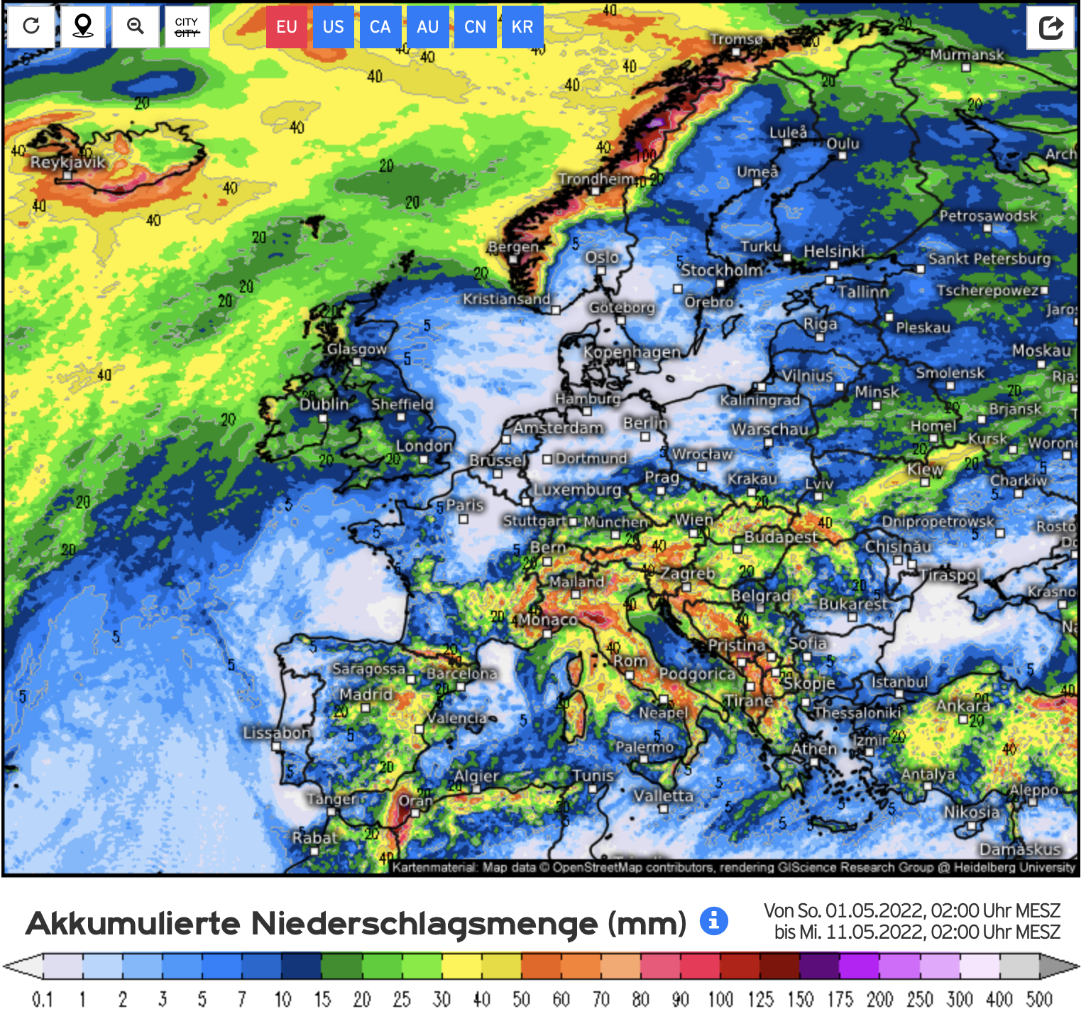 Neerslagverwachting komende 10 dagen volgens het Europese weermodel  (bron: Kachelmannwetter.de).