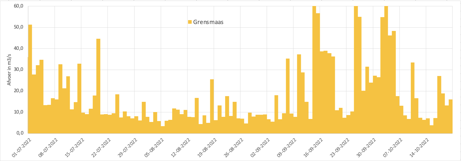 Hoeveelheid water die via de Grensmaas stroomde tijdens de zomer van 2022 vanaf medio juli toen de totale afvoer vaak tot onder de 50  m3/s daalde.