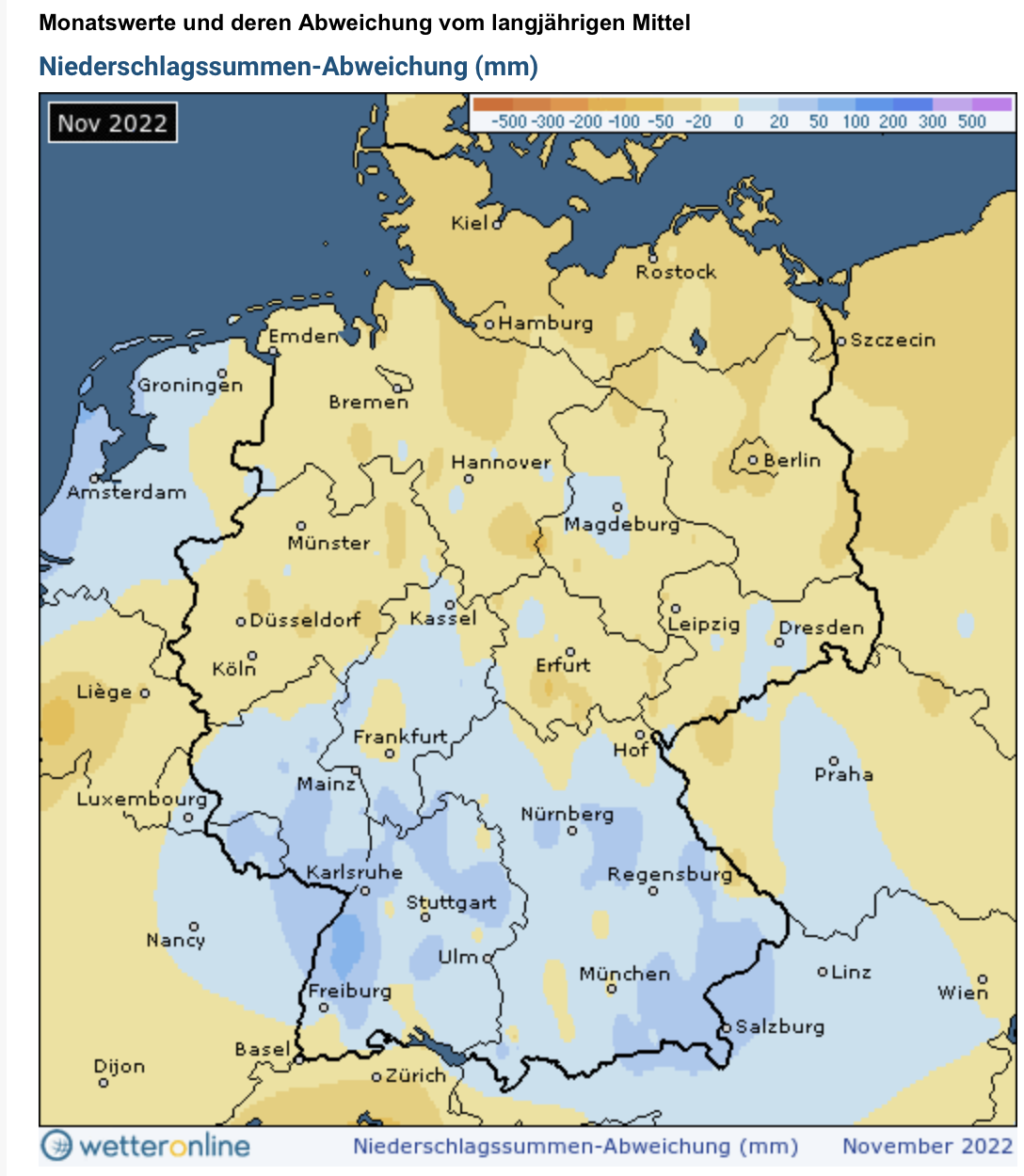Afwijking van de langjarig gemiddelde hoeveelheid neerslag in de stroomgebieden van Maas en Rijn in november