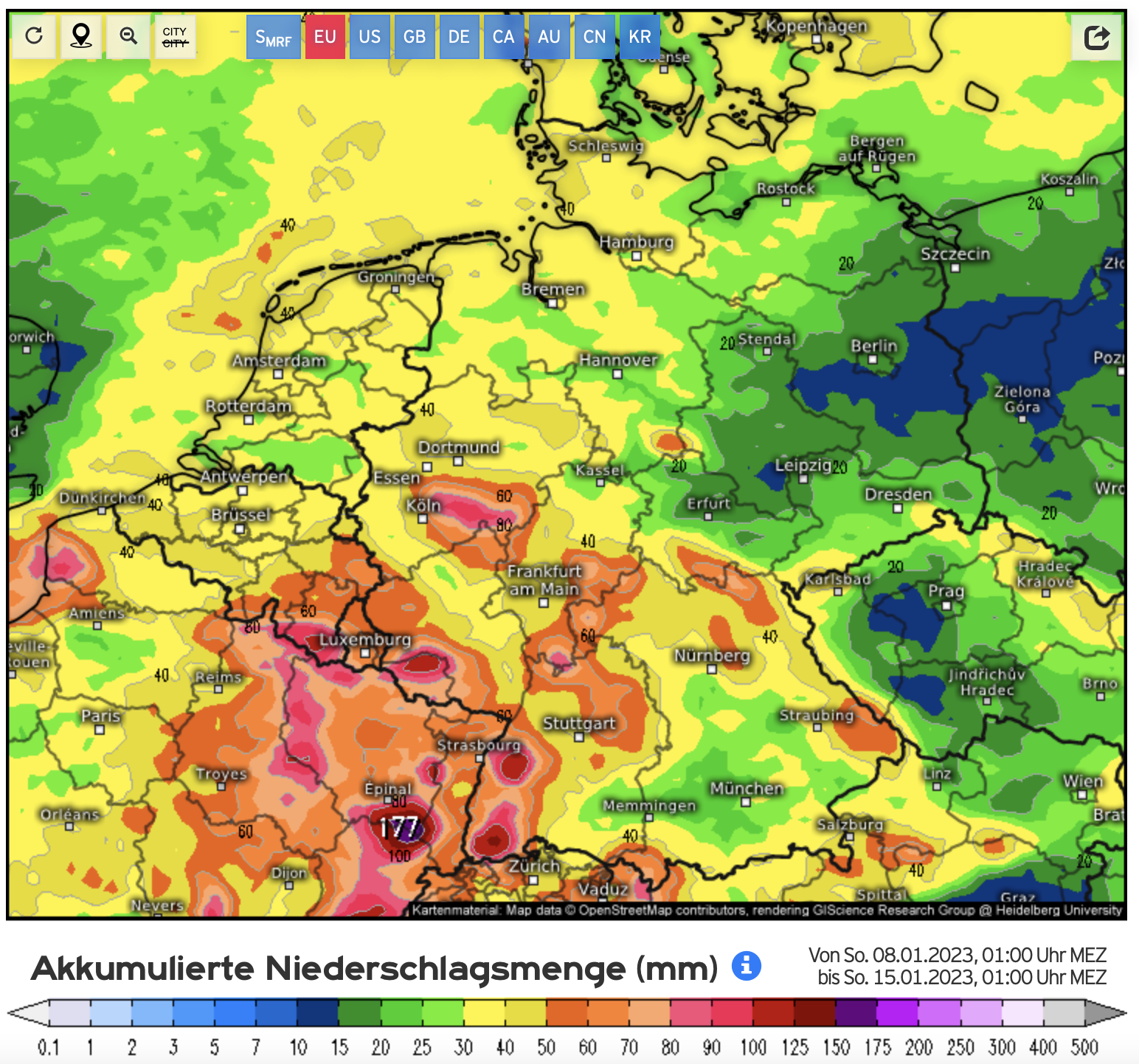 Verwachte hoeveelheid neerslag in de komende week in de stroomgebieden van Rijn en Maas, volgens het Europese weermodel (ECMWF).