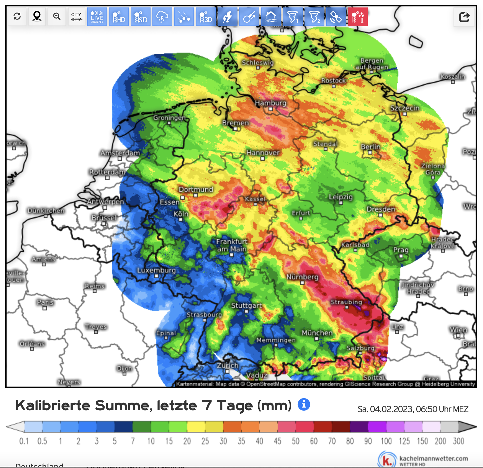 Neerslaghoeveelheden in het stroomgebied van de Rijn in de afgelopen 7 dagen (bron Kachelmannwetter.com). Neerslaghoeveelheden in het stroomgebied van de Rijn in de afgelopen 7 dagen (bron Kachelmannwetter.com).