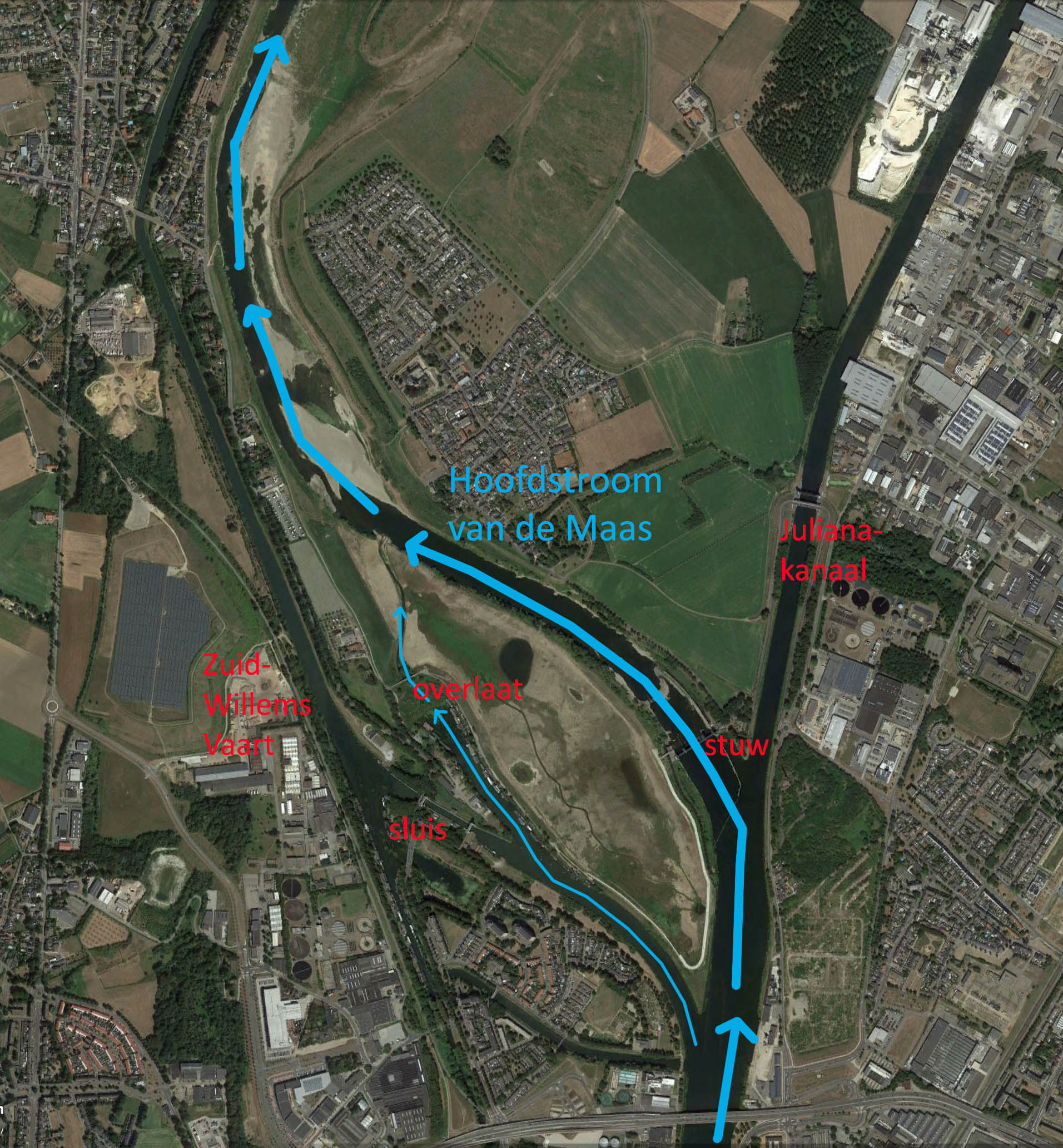 De situatie in de Maas bij de stuw van Borgharen