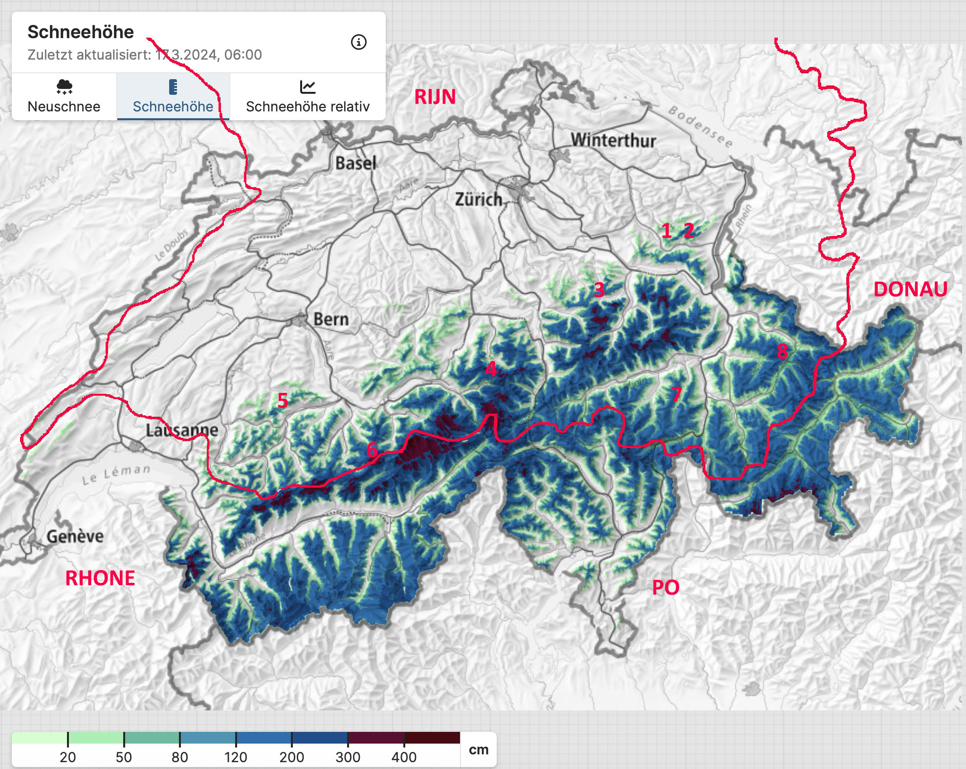 Dikte van het sneeuwdek in de Alpen. DE rode lijn is de grens van het stroomgebied van de Rijn. Het smeltwater dat hier de komende maanden beschikbaar komt, stroomt via Duitsland naar Nederland.