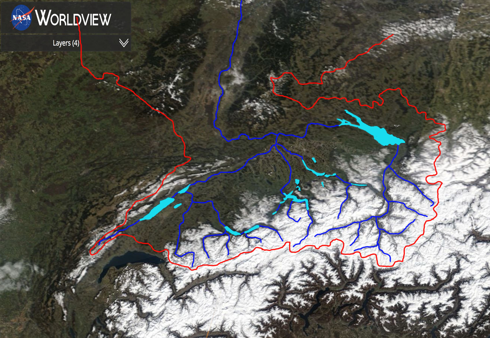Stroomgebied Rijn in de Alpen met ligging meren