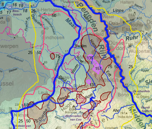 Noordelijk deel van het gebied waar veel regen viel en waar een aantal beken ontspringen die naar de Maas afwateren.