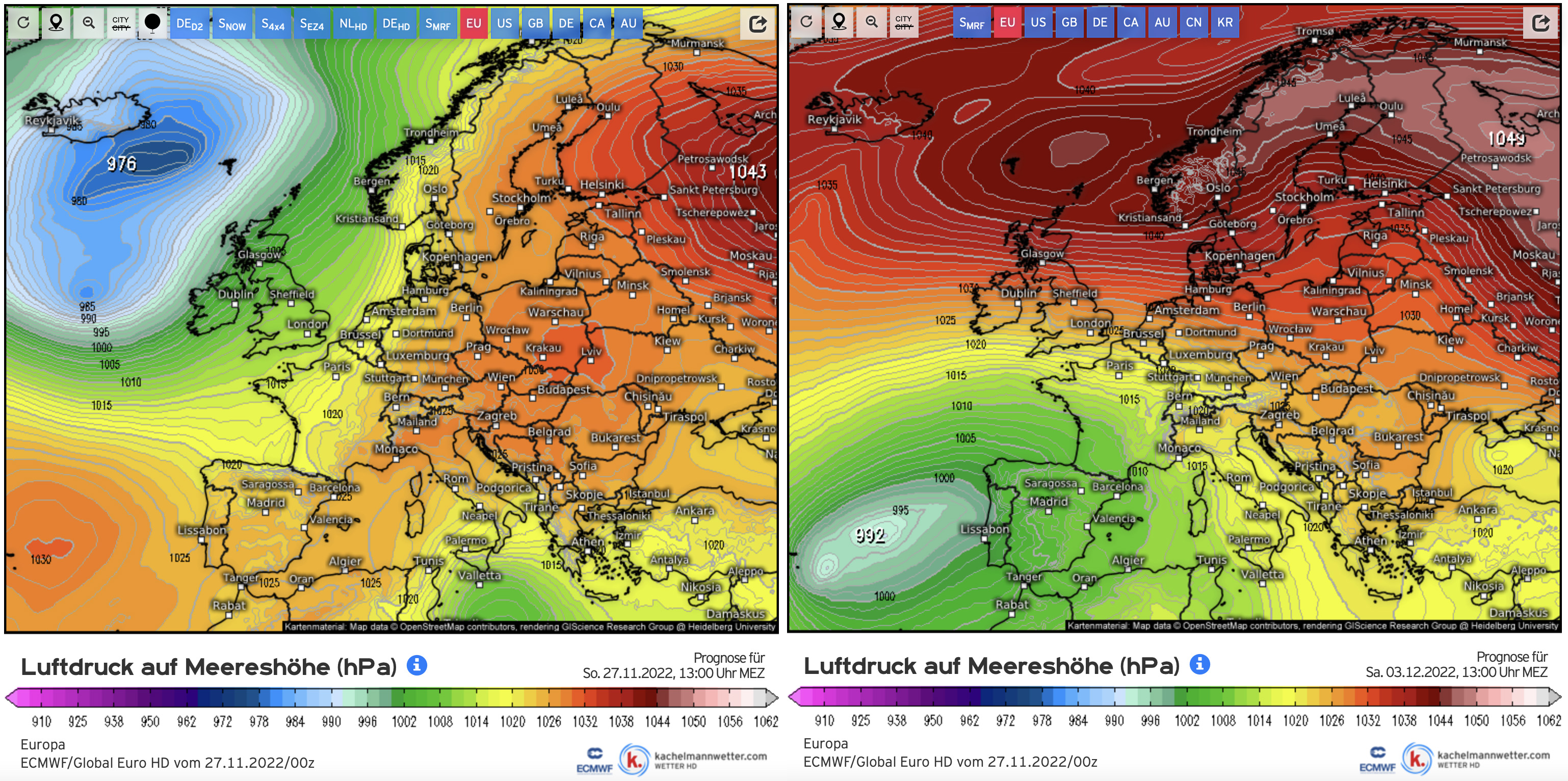 Luchtdrukverdeling boven Europa vandaag (links) en over een weeek (rechts)
