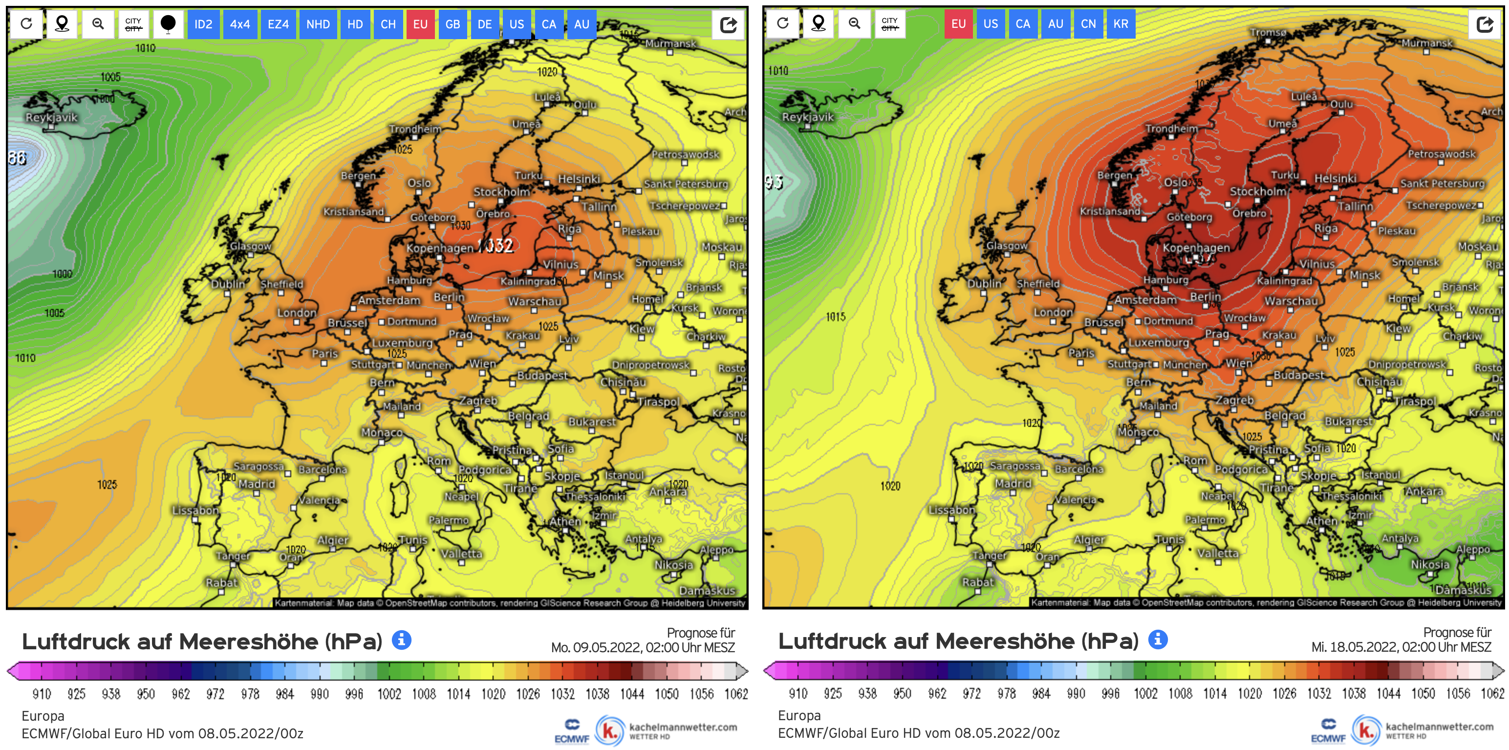Weerkaart van vandaag en over 10 dagen volgens het Europese weermodel (ECMWF)